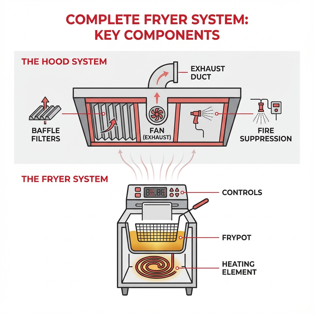 infographic explaining the key parts of a complete fryer system: the fryer (frypot, heating element, controls) and the hood (baffle filters, exhaust duct, fan, fire suppression) - commercial deep fryer with hood infographic 