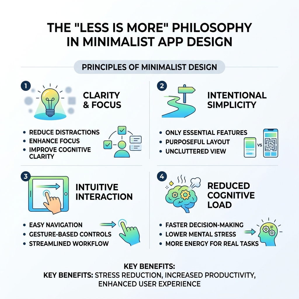 Less is More philosophy in minimalist app design infographic - minimalistic calendar app review infographic 