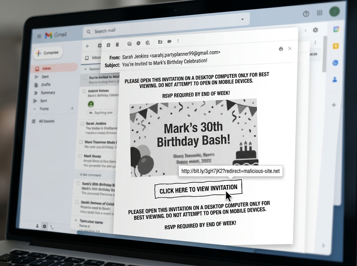 A phishing email showing red flags like a mismatched sender and a suspicious link - punchbowl invitation scam A phishing email showing red flags like a mismatched sender and a suspicious link - punchbowl invitation scam