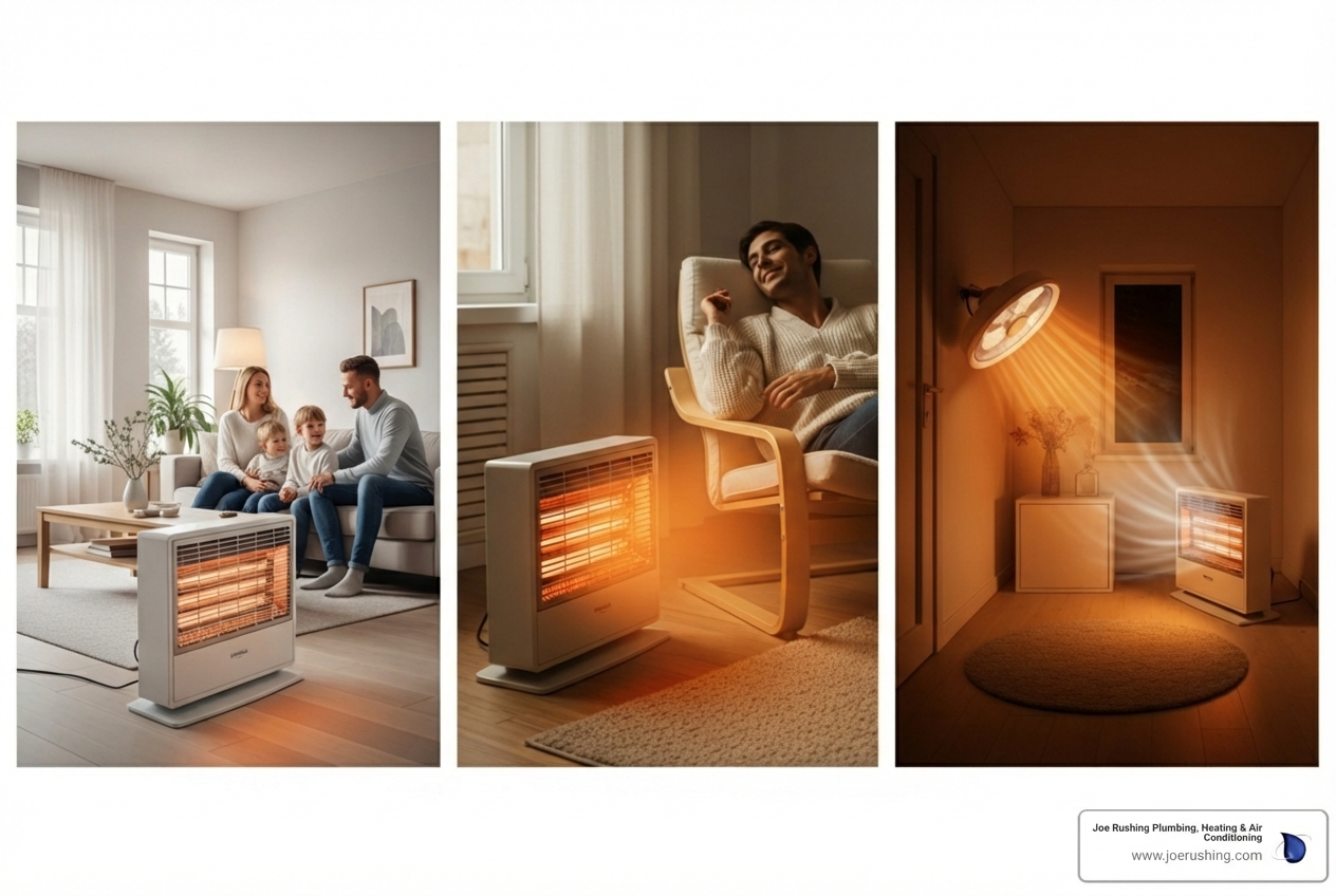 Infographic comparing convection heaters providing whole-room warmth through natural air circulation, radiant heaters delivering direct targeted heat to objects and people, and fan-forced heaters using a fan to quickly distribute warm air throughout small spaces, with icons showing coverage area and heating speed for each type - residential electric heaters in lubbock, tx