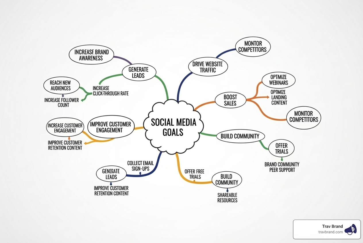 A mind map showing social media goals branching out from a central idea - creative agency social media strategy A mind map showing social media goals branching out from a central idea - creative agency social media strategy