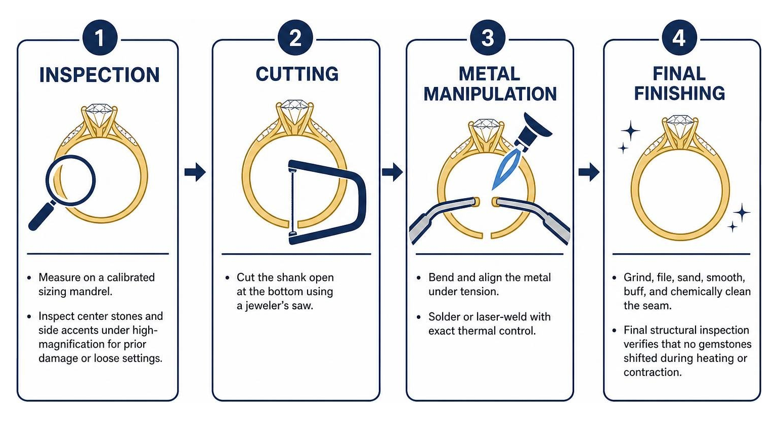 Step-by-step ring resizing workflow: inspection, cutting, metal manipulation, and final finishing