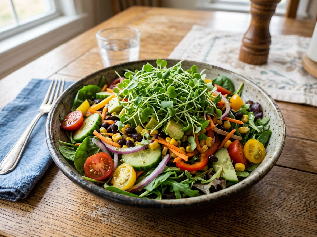 Healthy salad topped with a generous portion of broccoli microgreens - broccoli microgreens nutrition