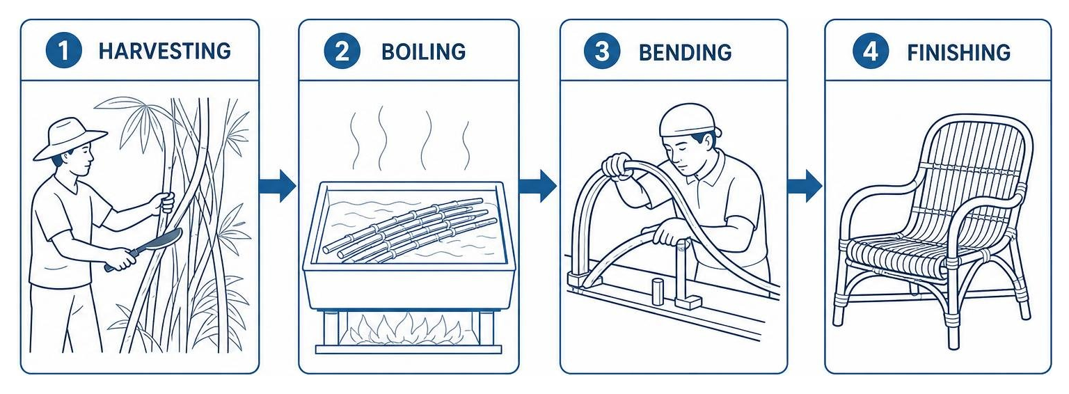 Process diagram of harvesting, boiling, bending, and finishing natural rattan furniture