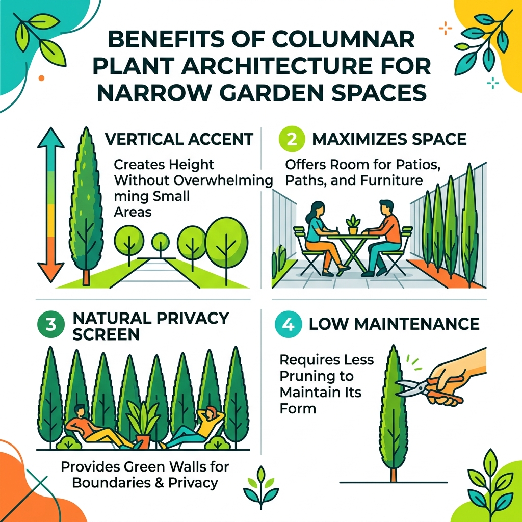 Benefits of columnar plant architecture for narrow garden spaces infographic - plants for narrow spaces infographic Benefits of columnar plant architecture for narrow garden spaces infographic - plants for narrow spaces infographic
