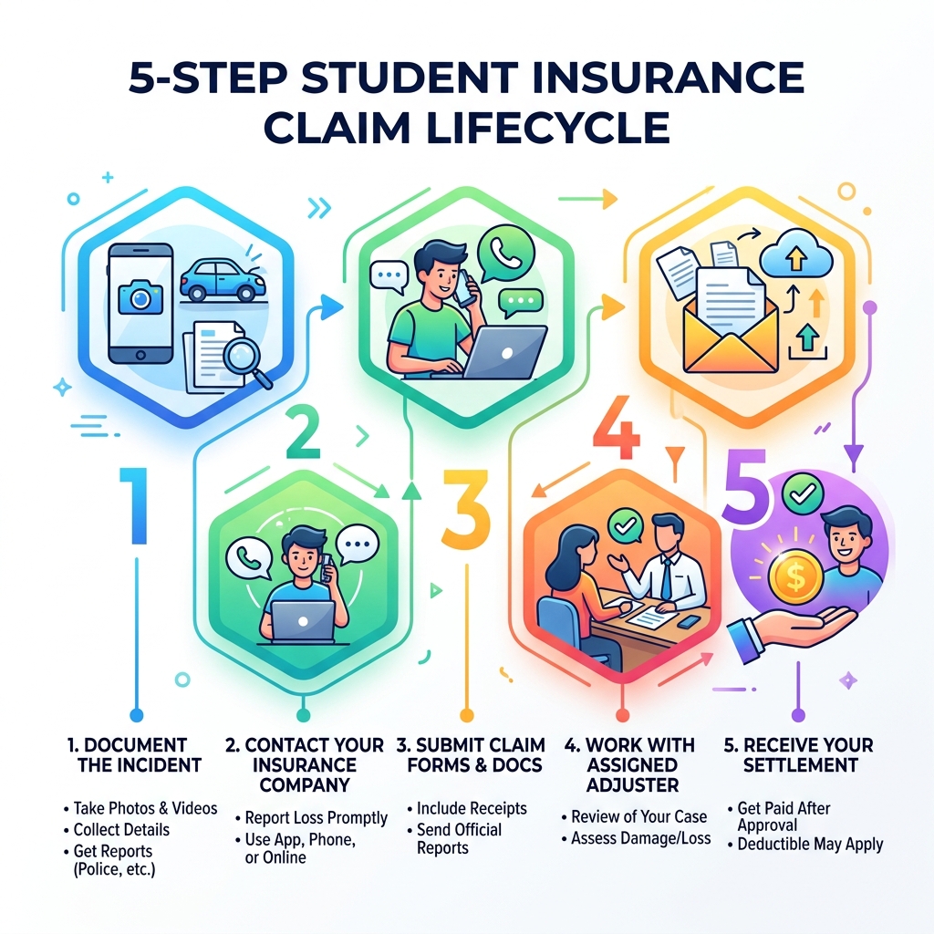 5-step insurance claim lifecycle infographic for students - how to file insurance claim infographic 