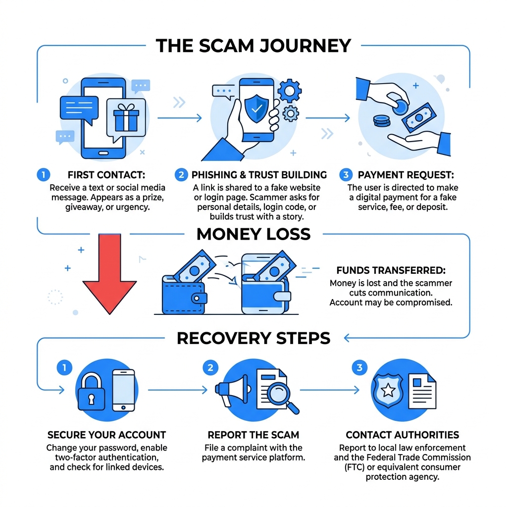 Lifecycle of a digital payment scam from first contact to money loss and recovery steps - cash app scam alert infographic Lifecycle of a digital payment scam from first contact to money loss and recovery steps - cash app scam alert infographic
