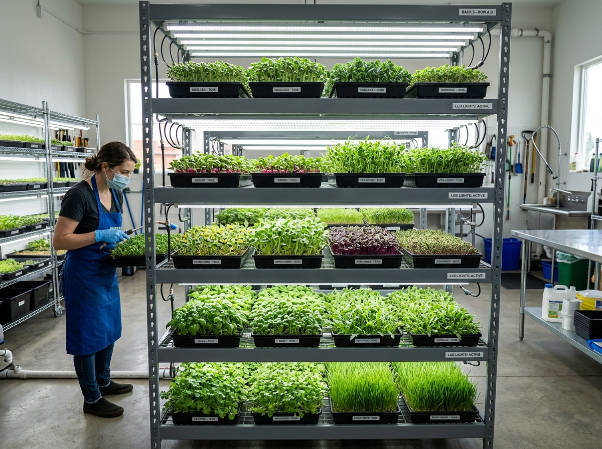 A professional indoor microgreens growing setup with 1020 trays and LED grow lights - indoor microgreens growing setup