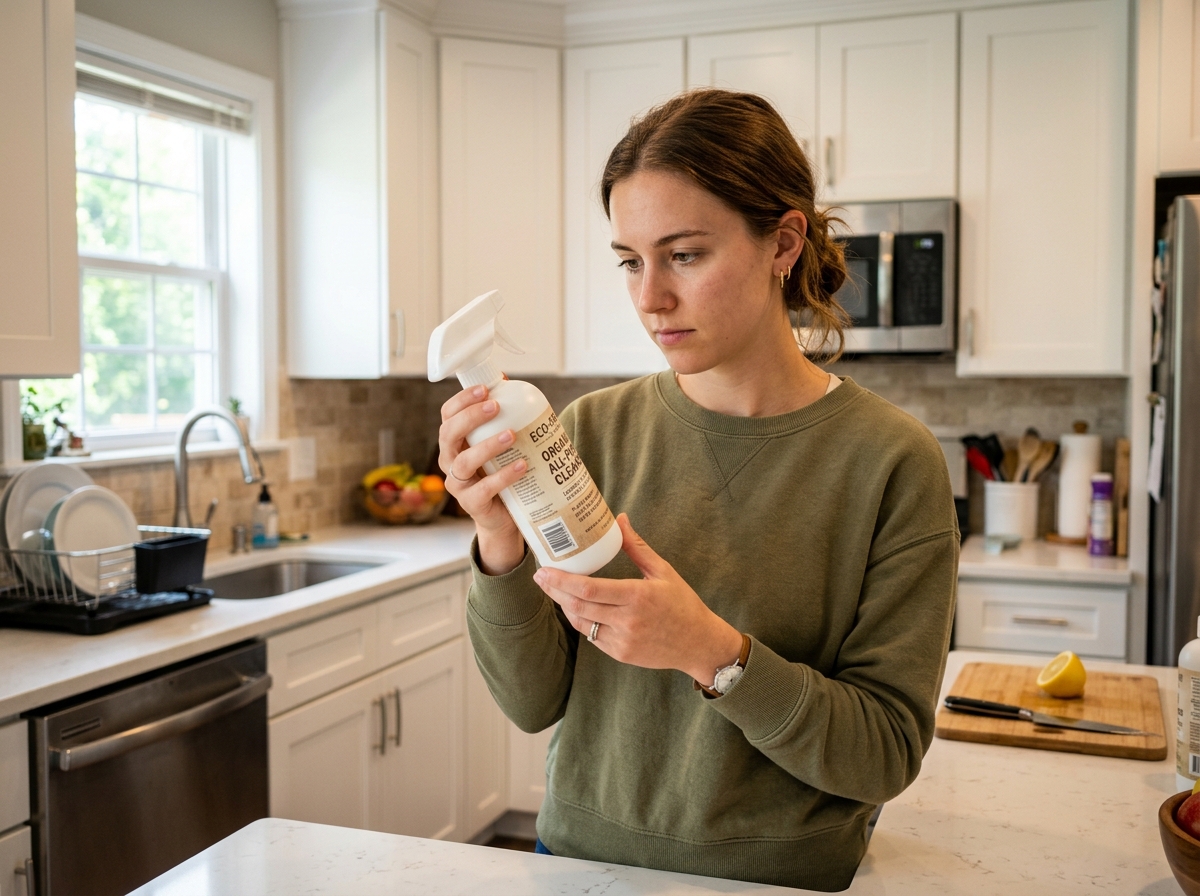 A person carefully reading the ingredients on a cleaning product label - organic food stain lifter