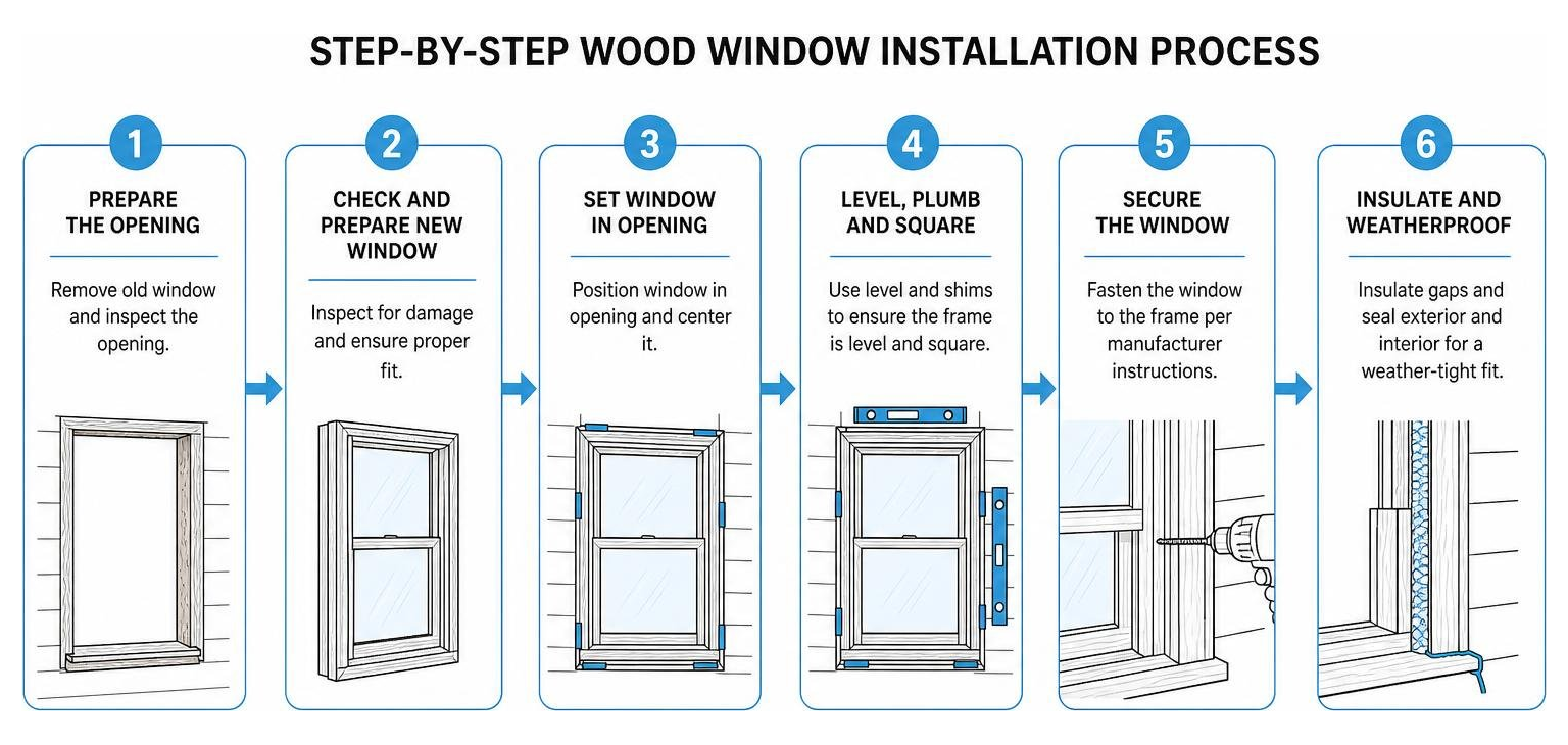 Step-by-step wood window installation process Step-by-step wood window installation process