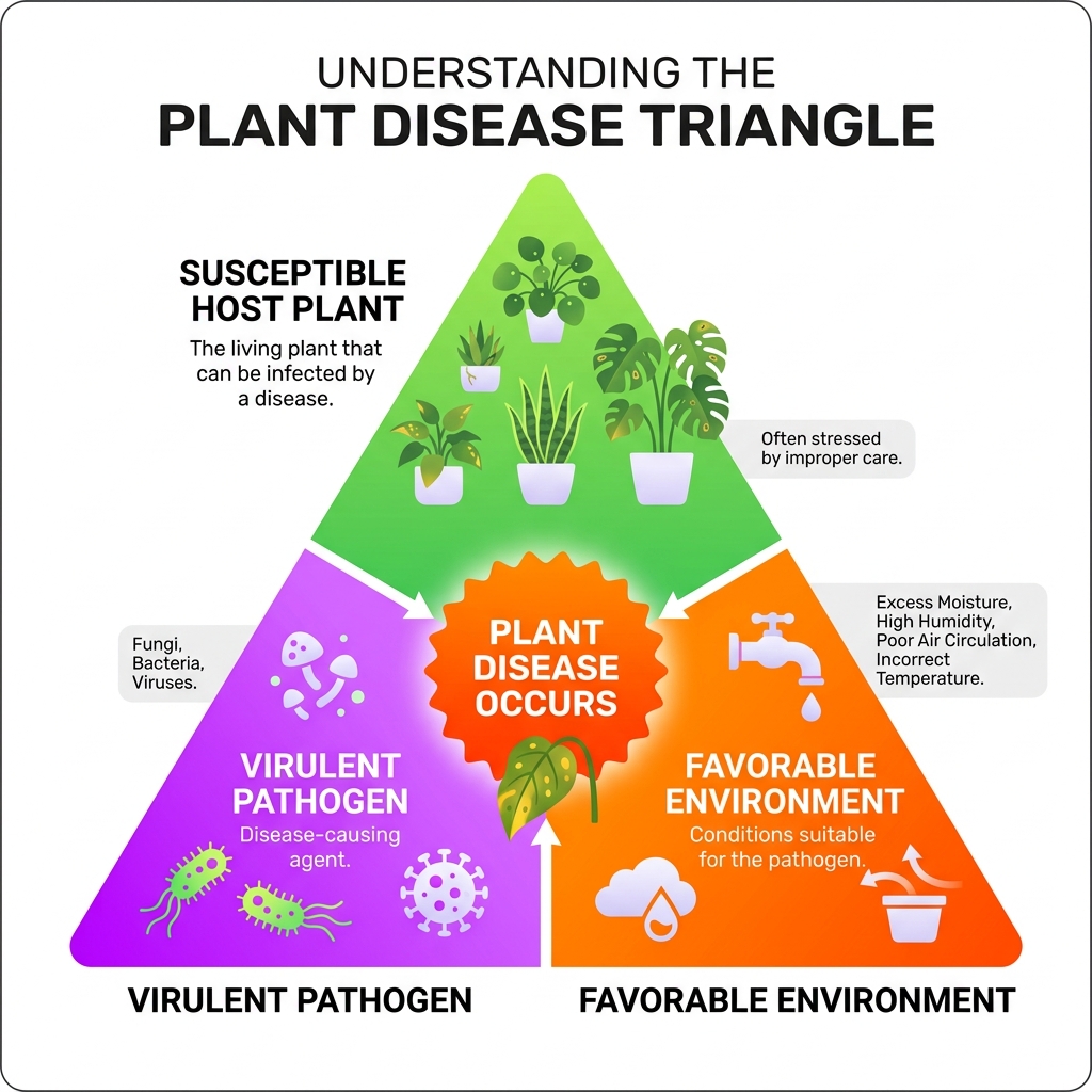 Plant disease triangle showing the relationship between host plant, pathogen, and environment - common indoor plant diseases