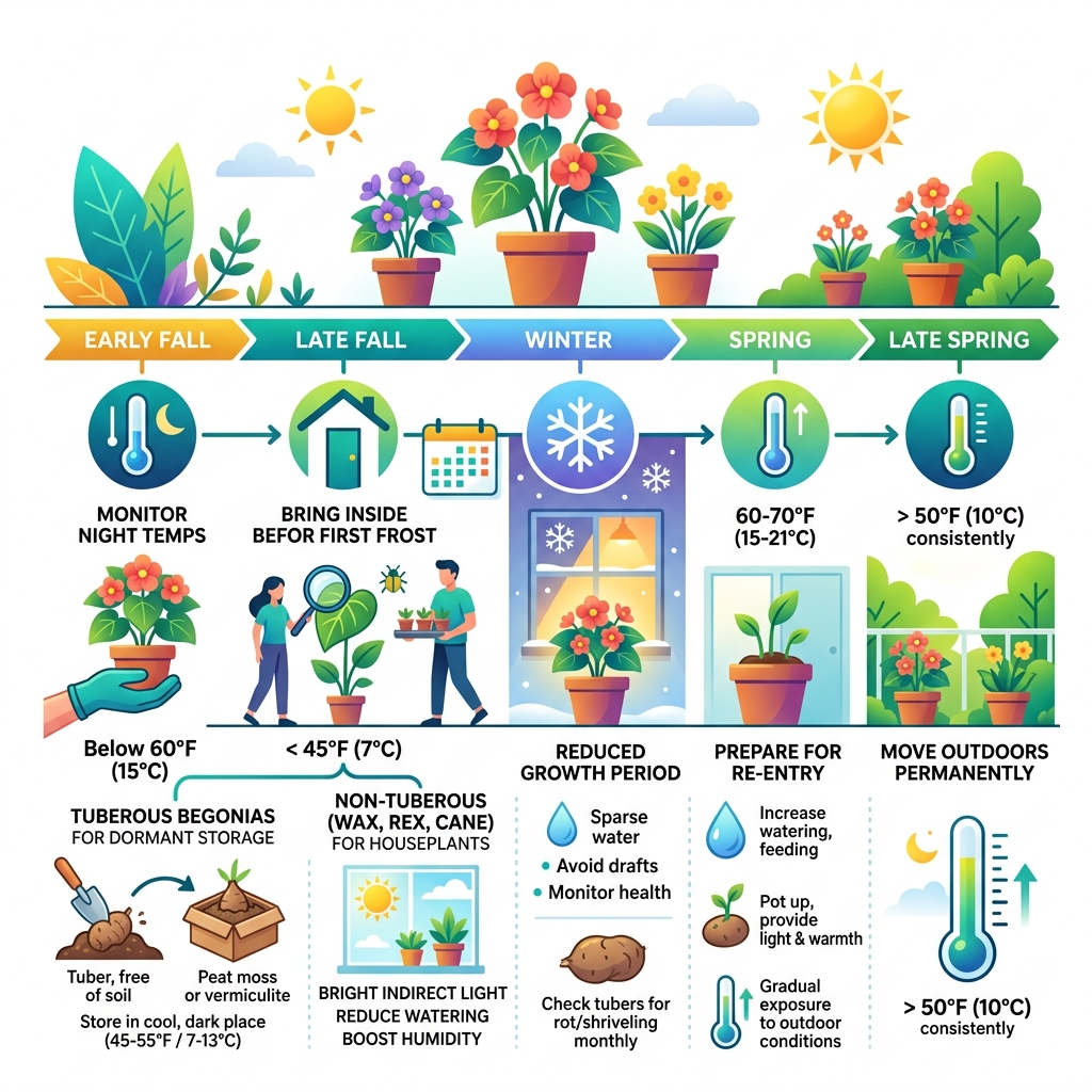 Begonia overwintering timeline from fall to spring with key steps and temperature thresholds - bringing begonias inside for