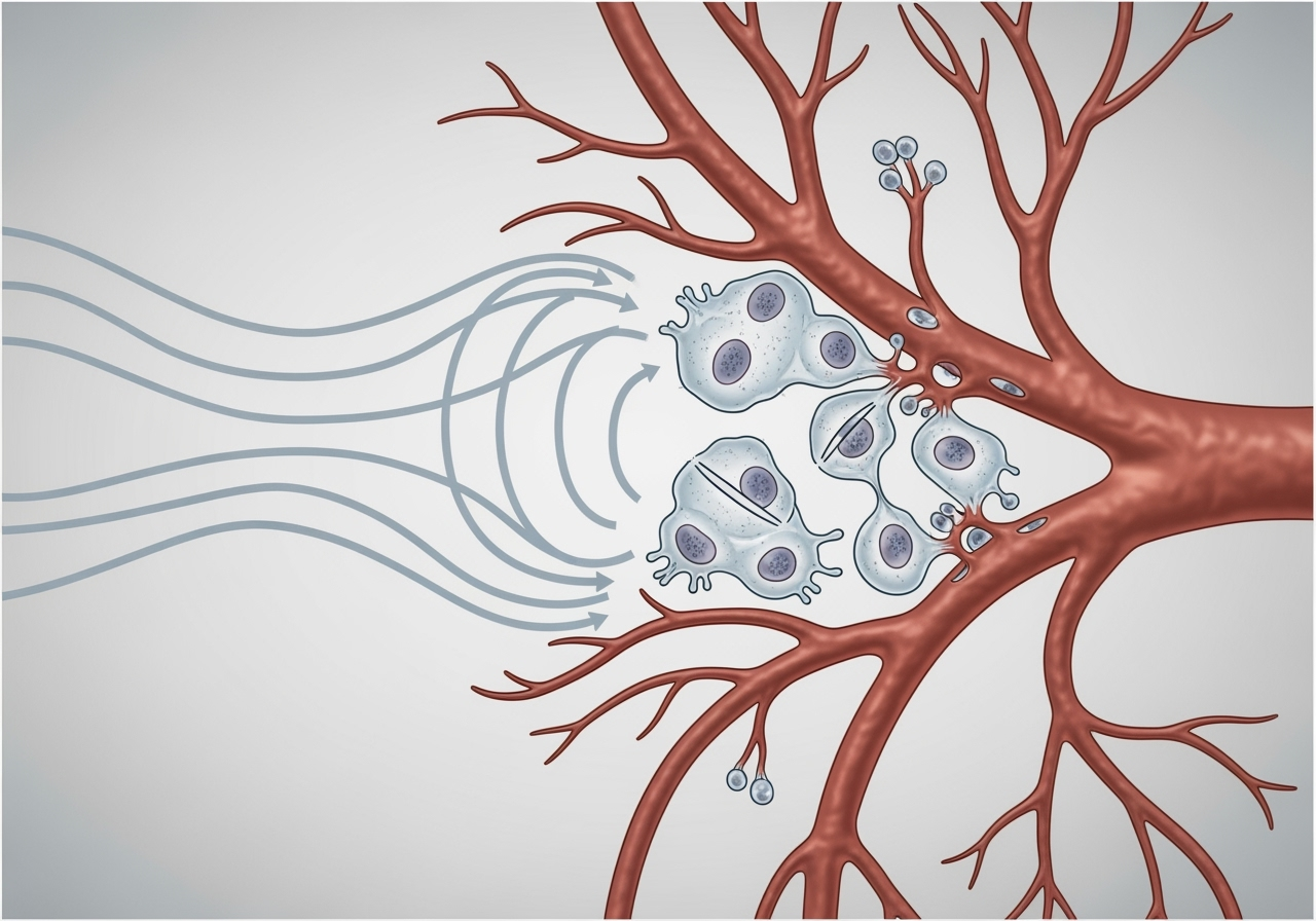 A diagram showing acoustic waves stimulating blood vessels - regenmax vs gainswave comparison