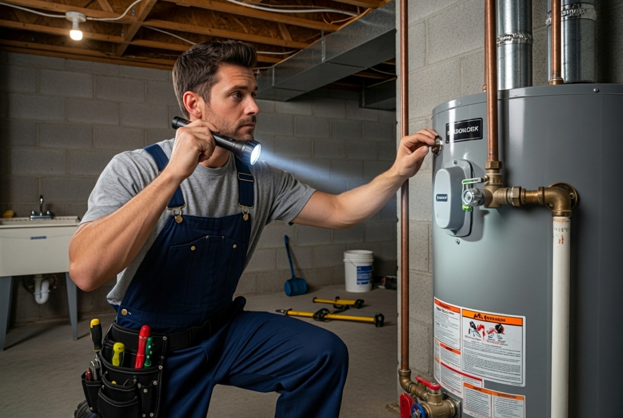 A professional plumber working on a water heater - plumber same day water heater repair denver