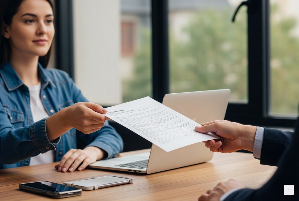 A freelancer hands a document to a client, symbolizing the exchange of a W-9 form - print w 9