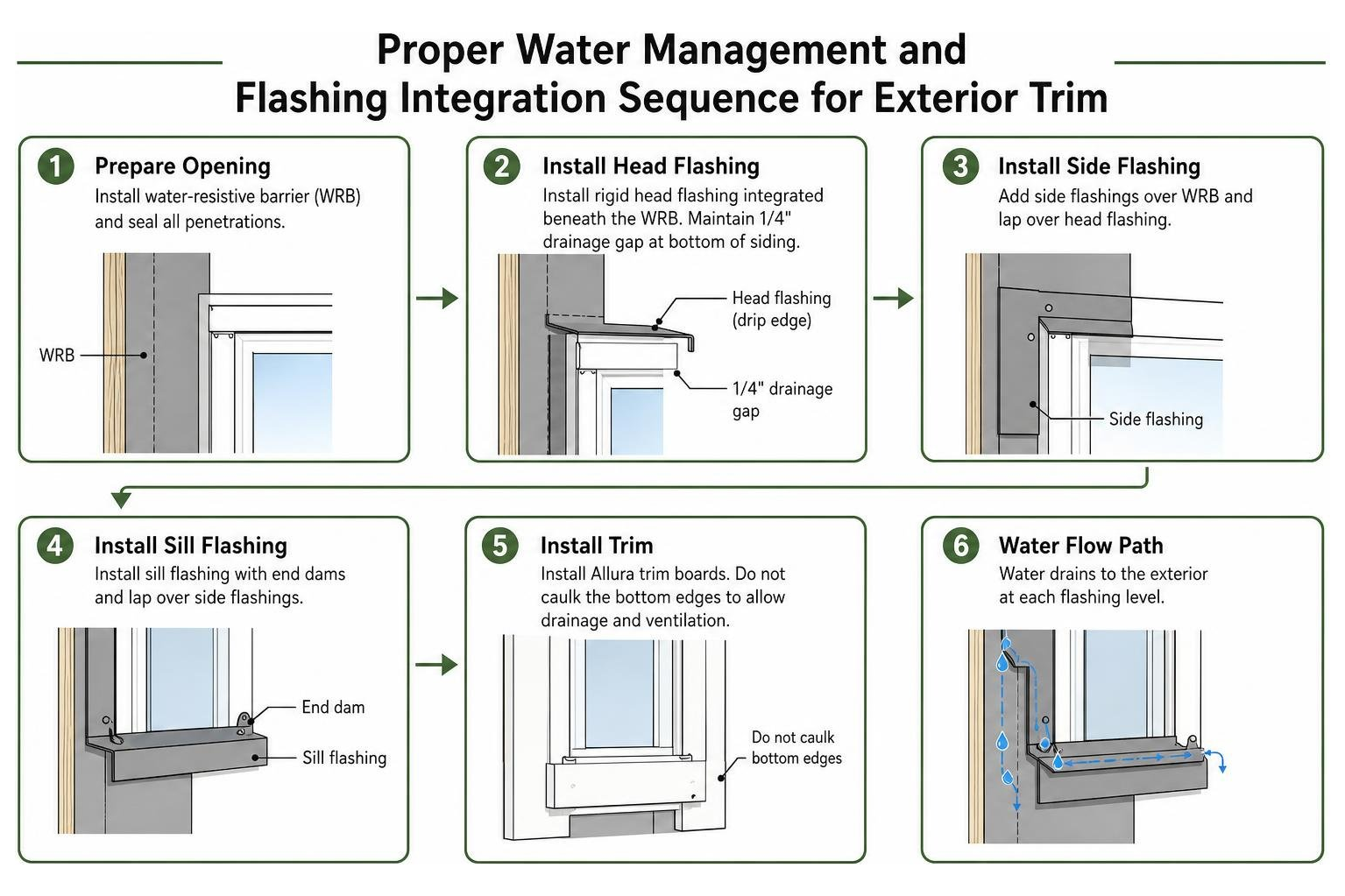 Proper water management and flashing integration sequence for exterior trim Proper water management and flashing integration sequence for exterior trim