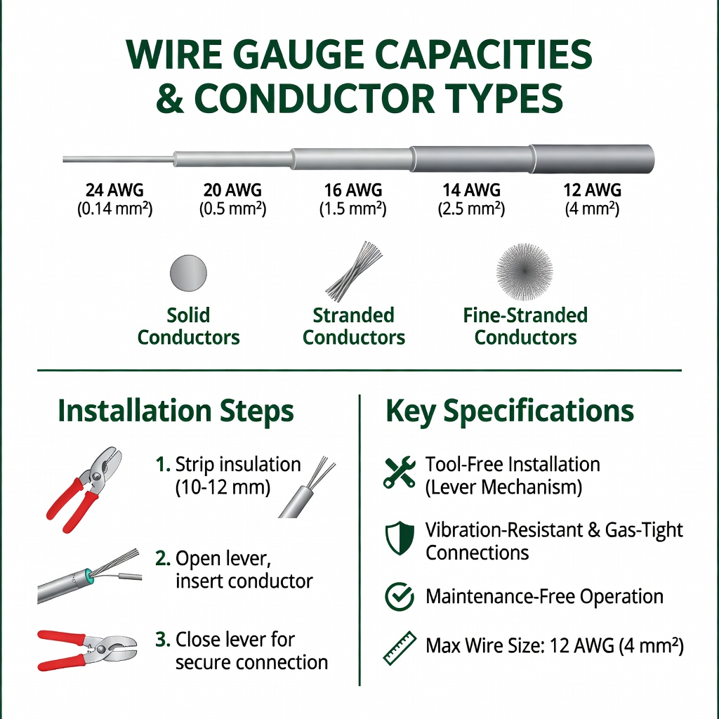 wire gauge capacities and conductor types - inline wago connectors infographic 