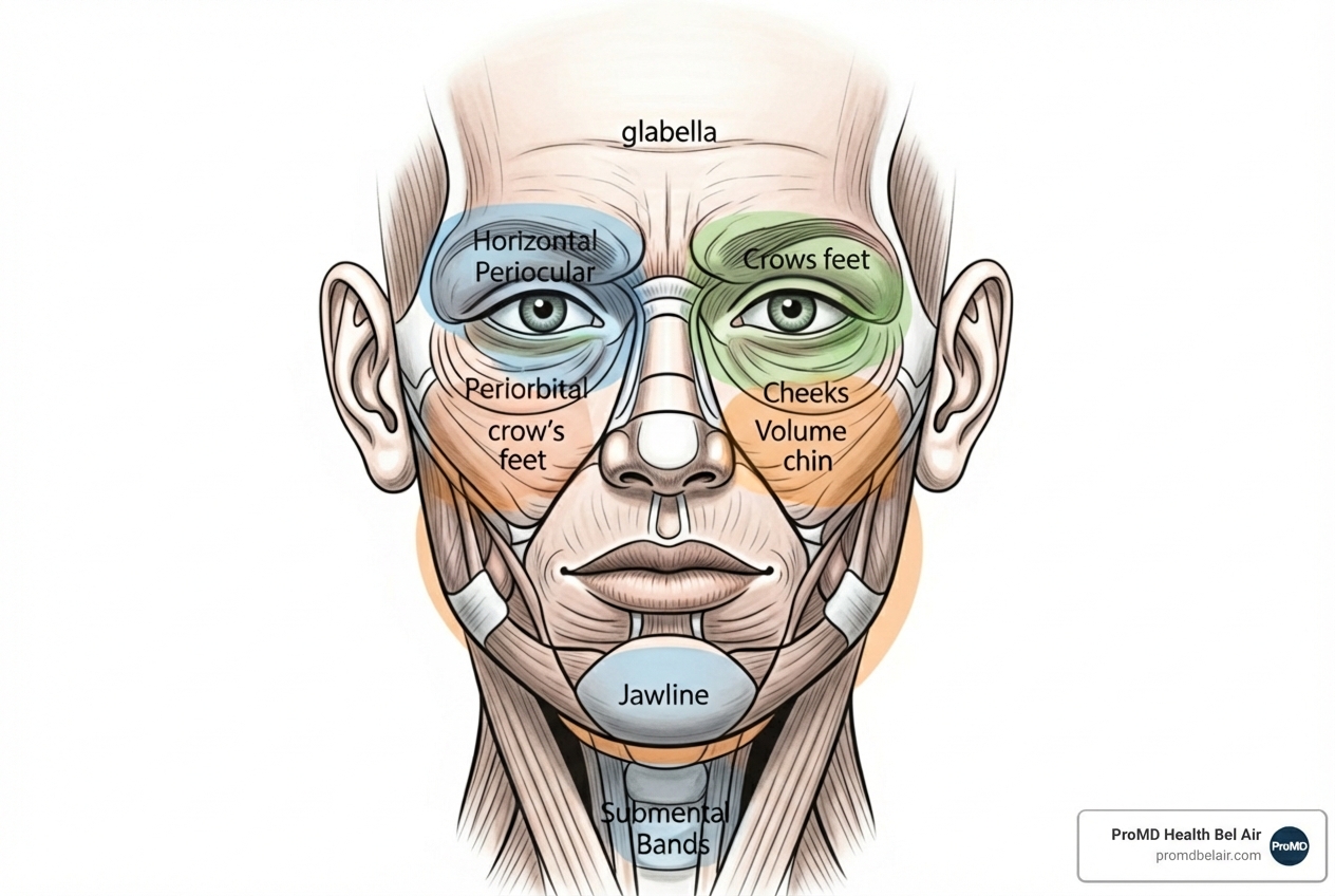 Diagram showing facial areas treatable by non-surgical methods - non surgical face lift before and after
