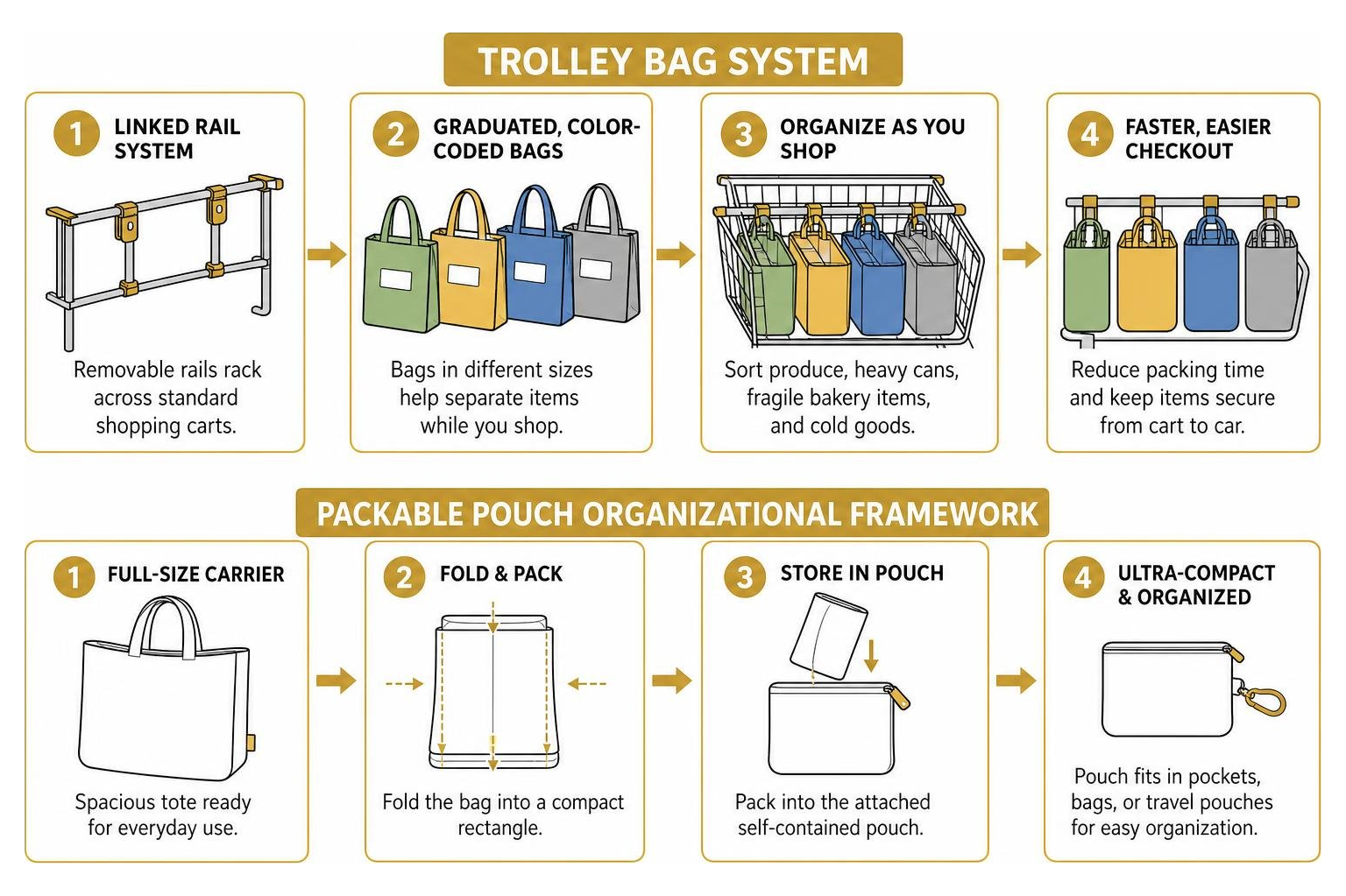 trolley bag system and packable pouch organizational framework
