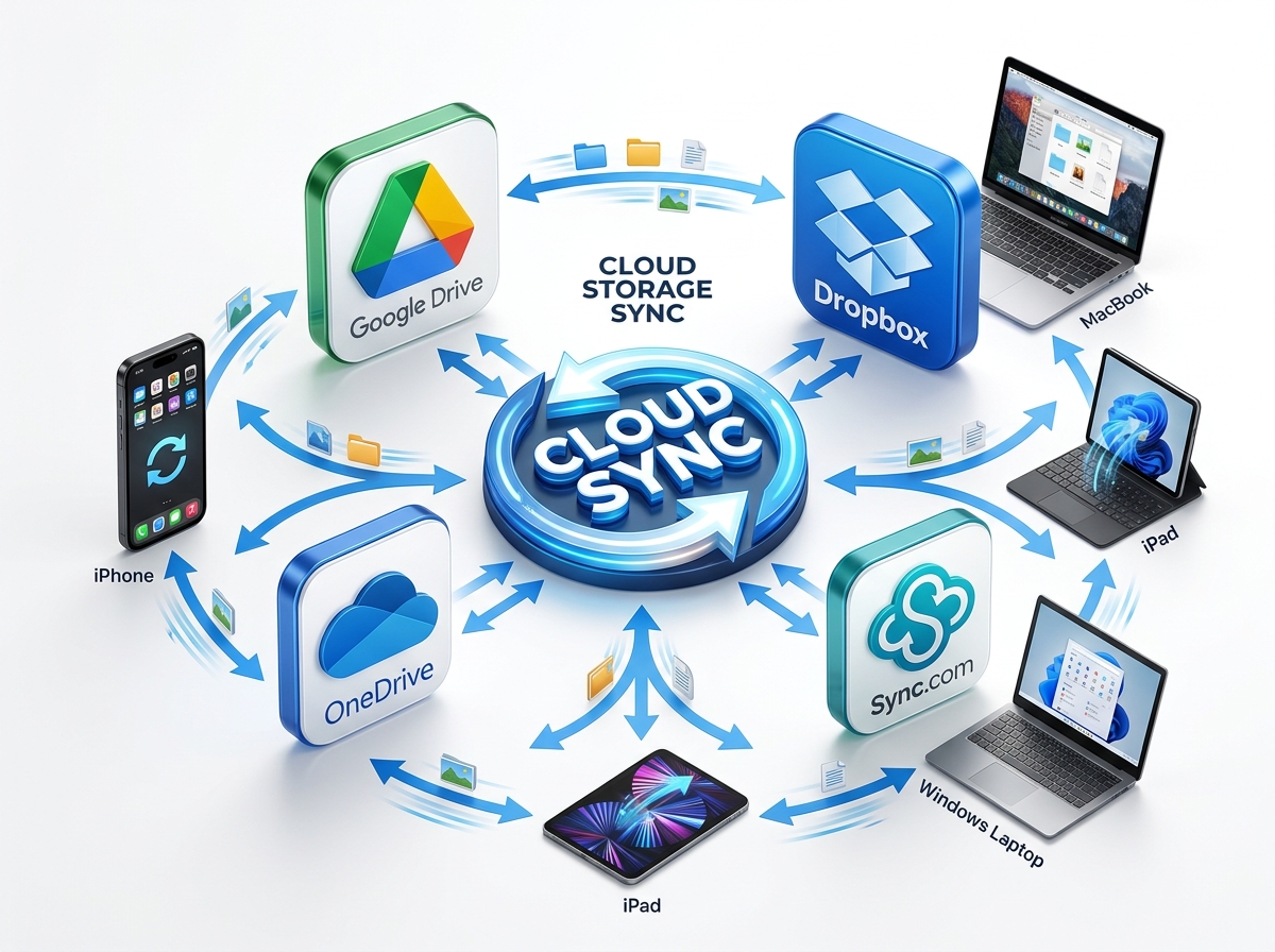 cloud sync icons illustrating various third-party storage options - cloud photo storage for iphone