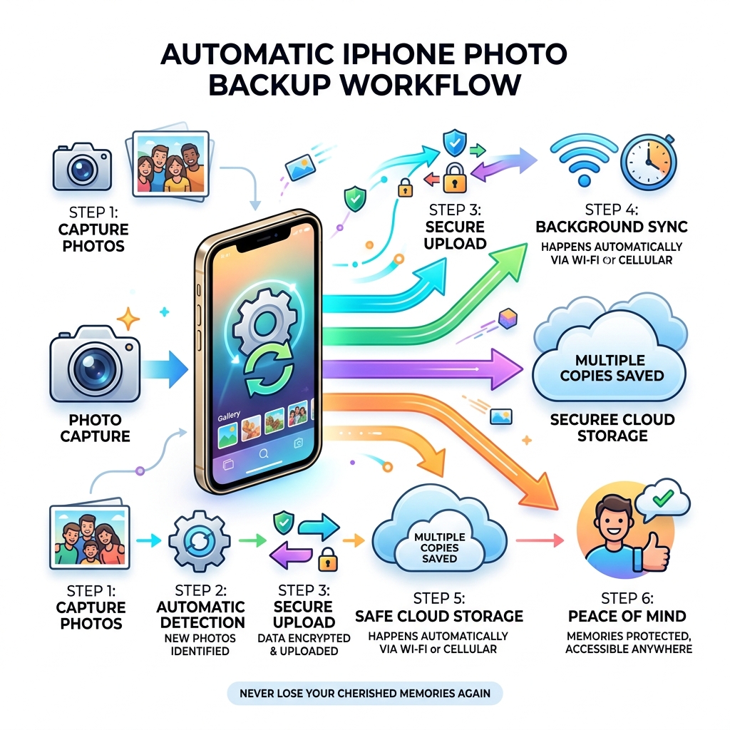 Workflow diagram showing automatic iPhone photo backup from device to cloud services - automatic photo backup iphone