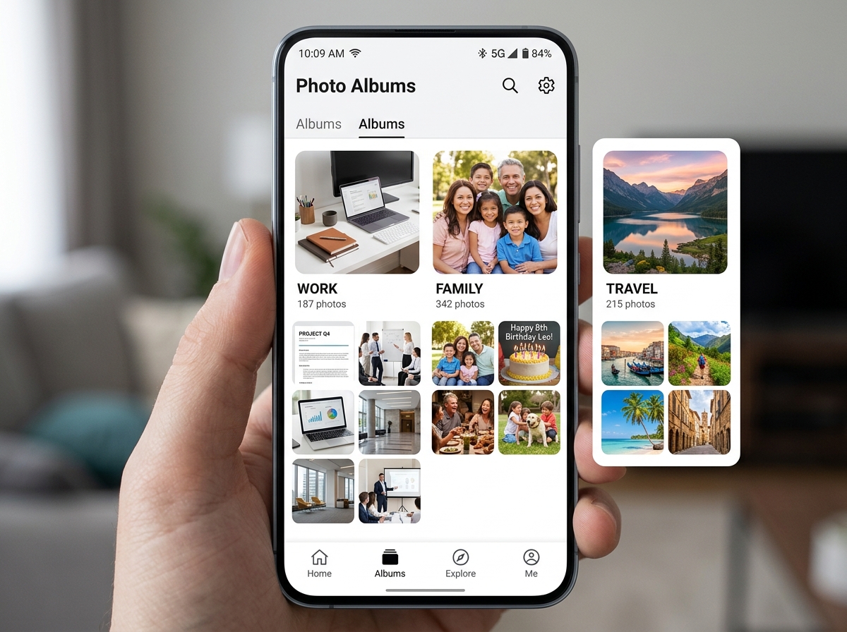 Organized folder structures on a mobile device showing categories like Work, Family, and Travel - app for organising photos