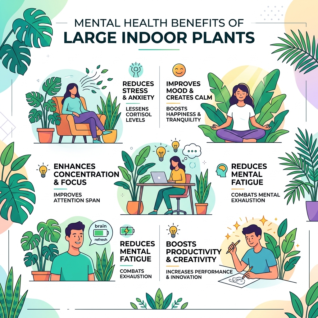 mental health benefits of large indoor plants infographic - big low maintenance indoor plants infographic 