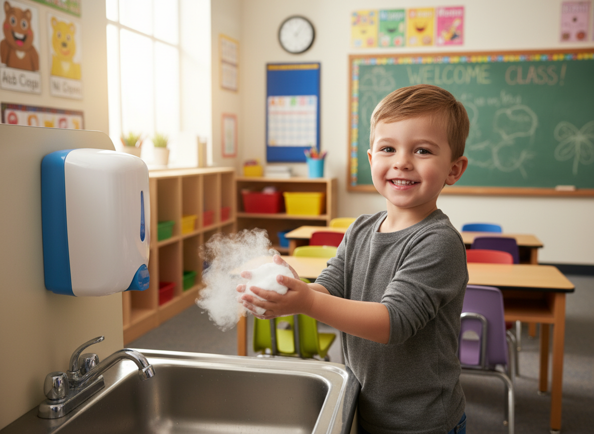 Child using a gentle foaming hand sanitizer at school - alcohol free hand sanitizer