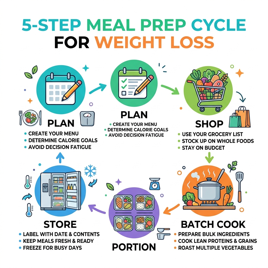 5-step meal prep cycle for weight loss: plan, shop, batch cook, portion, store - weight loss food prep ideas infographic 5-step meal prep cycle for weight loss: plan, shop, batch cook, portion, store - weight loss food prep ideas infographic