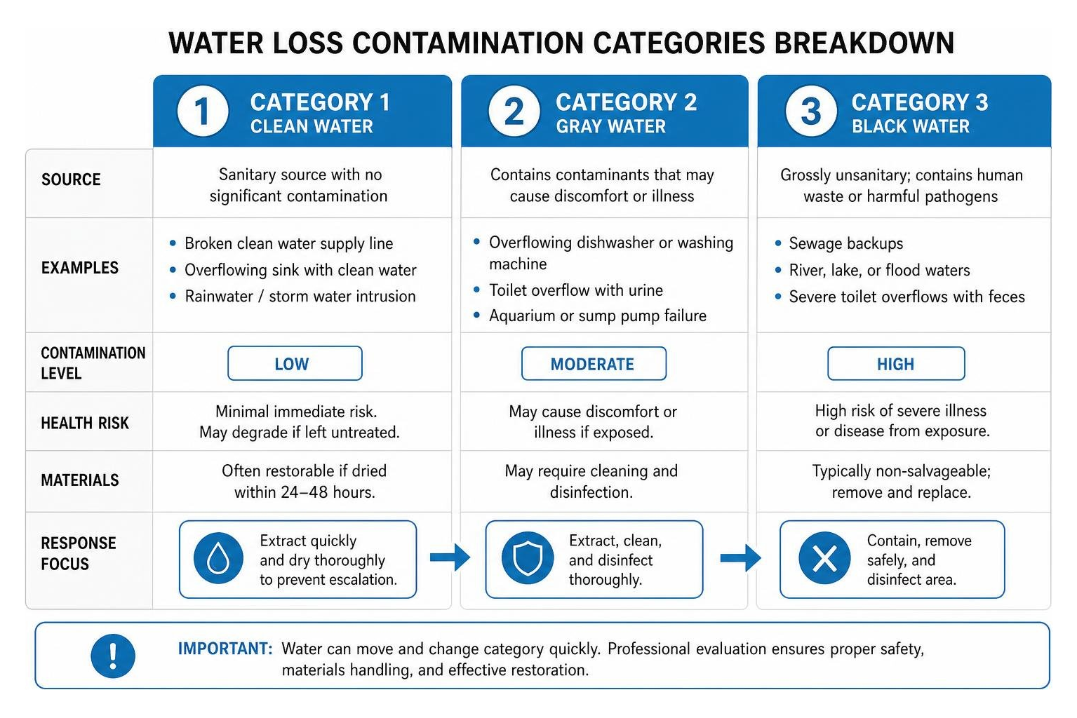 Water loss contamination categories breakdown Water loss contamination categories breakdown
