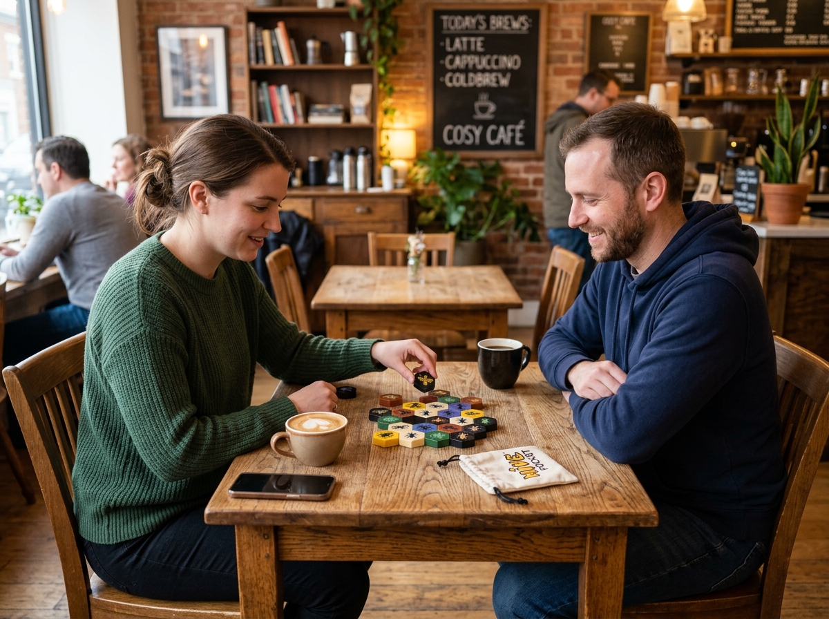 Hive Pocket being played on a small coffee shop table - best 2 player board games for adults