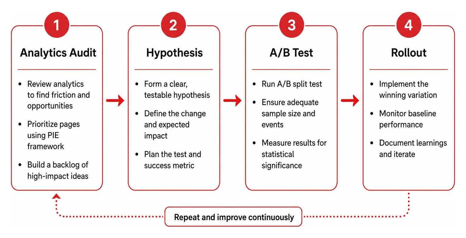CRO testing workflow from analytics audit to hypothesis, A/B test, and rollout CRO testing workflow from analytics audit to hypothesis, A/B test, and rollout