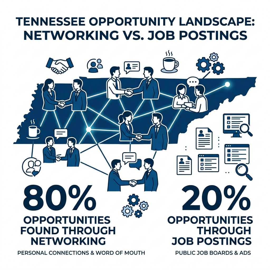 infographic showing 80% of opportunities found through networking vs 20% through job postings in Tennessee - free networking