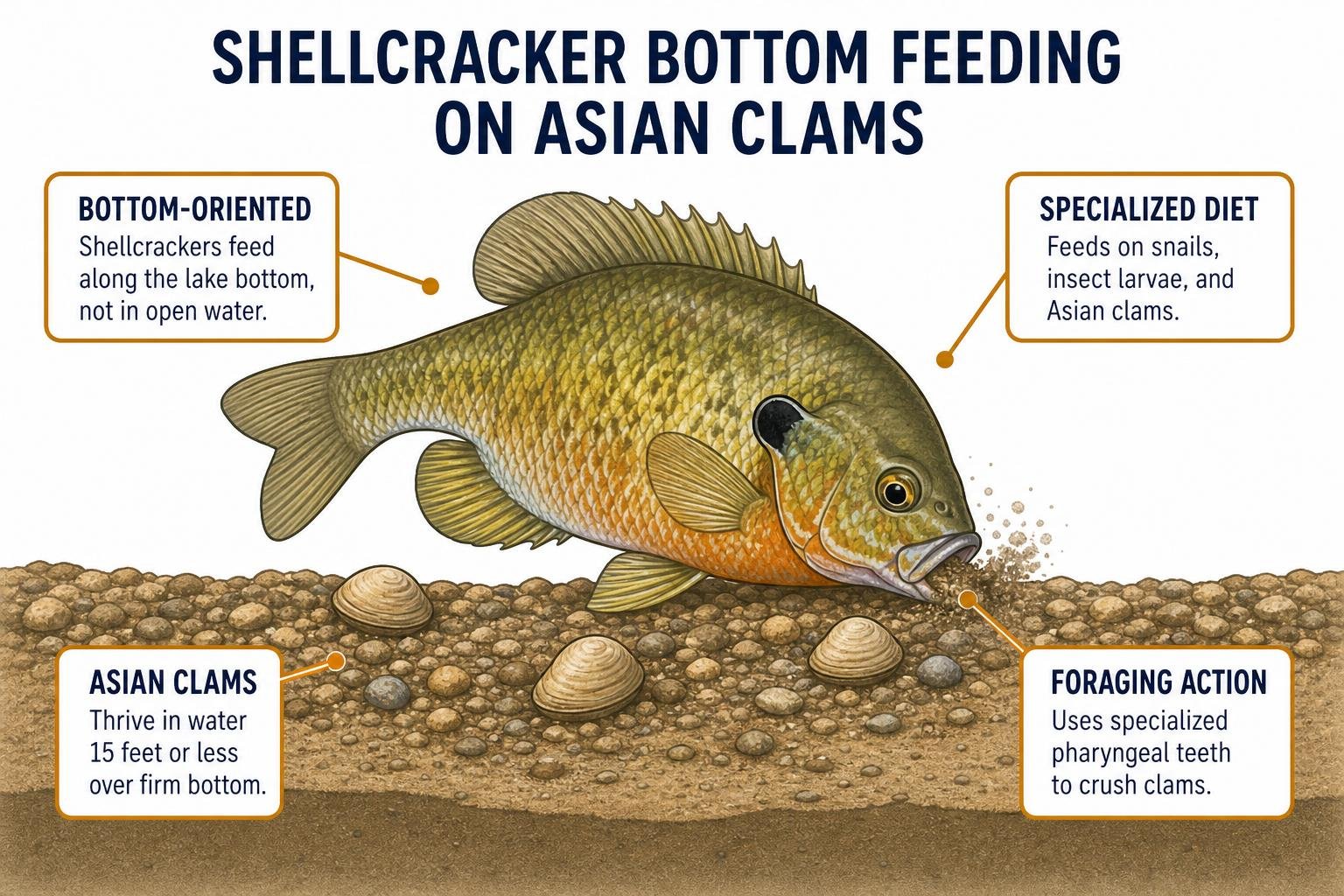 Diagram of shellcracker bottom feeding on Asian clams Diagram of shellcracker bottom feeding on Asian clams