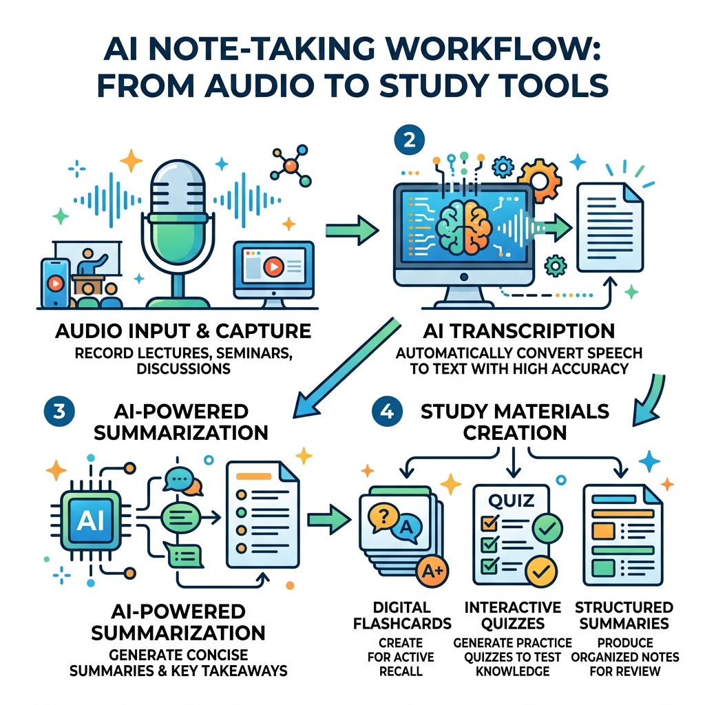 AI note-taking workflow from audio input to flashcards, quizzes, and summaries - note-taking ai for students free AI note-taking workflow from audio input to flashcards, quizzes, and summaries - note-taking ai for students free