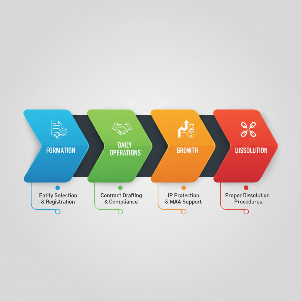 Infographic showing the business lifecycle from formation through daily operations to growth and eventual dissolution, with key legal intervention points marked at each stage including entity selection and registration, contract drafting and compliance, intellectual property protection and M&A support, and proper dissolution procedures - Business lawyer San Bernardino infographic 