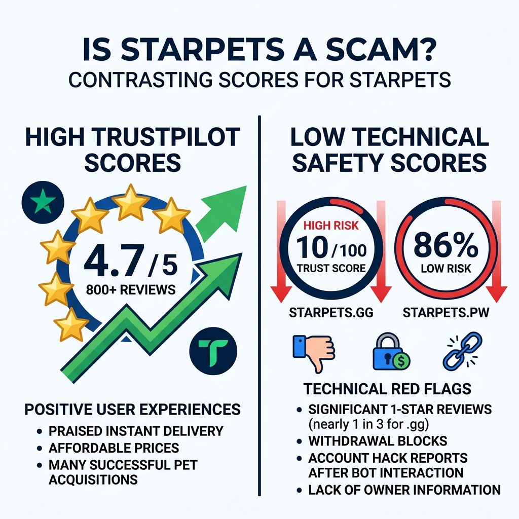 Infographic showing the contrast between high Trustpilot scores and low technical safety scores for StarPets - is starpets a Infographic showing the contrast between high Trustpilot scores and low technical safety scores for StarPets - is starpets a