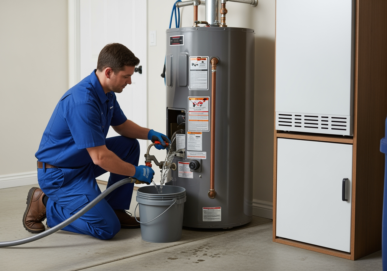 Technician performing water heater tank flush