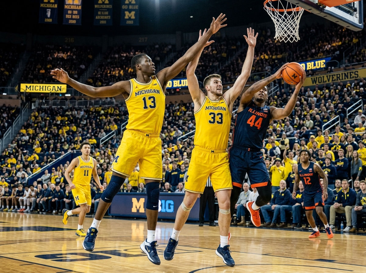 Aday Mara and Vlad Goldin defending the paint - Michigan Basketball