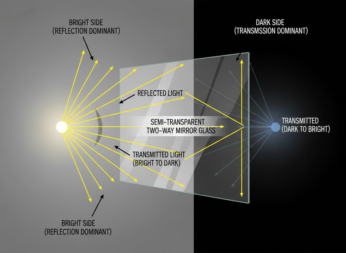Light passing through semi-transparent glass illustrating reflection and transmission - Two way mirror glass Light passing through semi-transparent glass illustrating reflection and transmission - Two way mirror glass