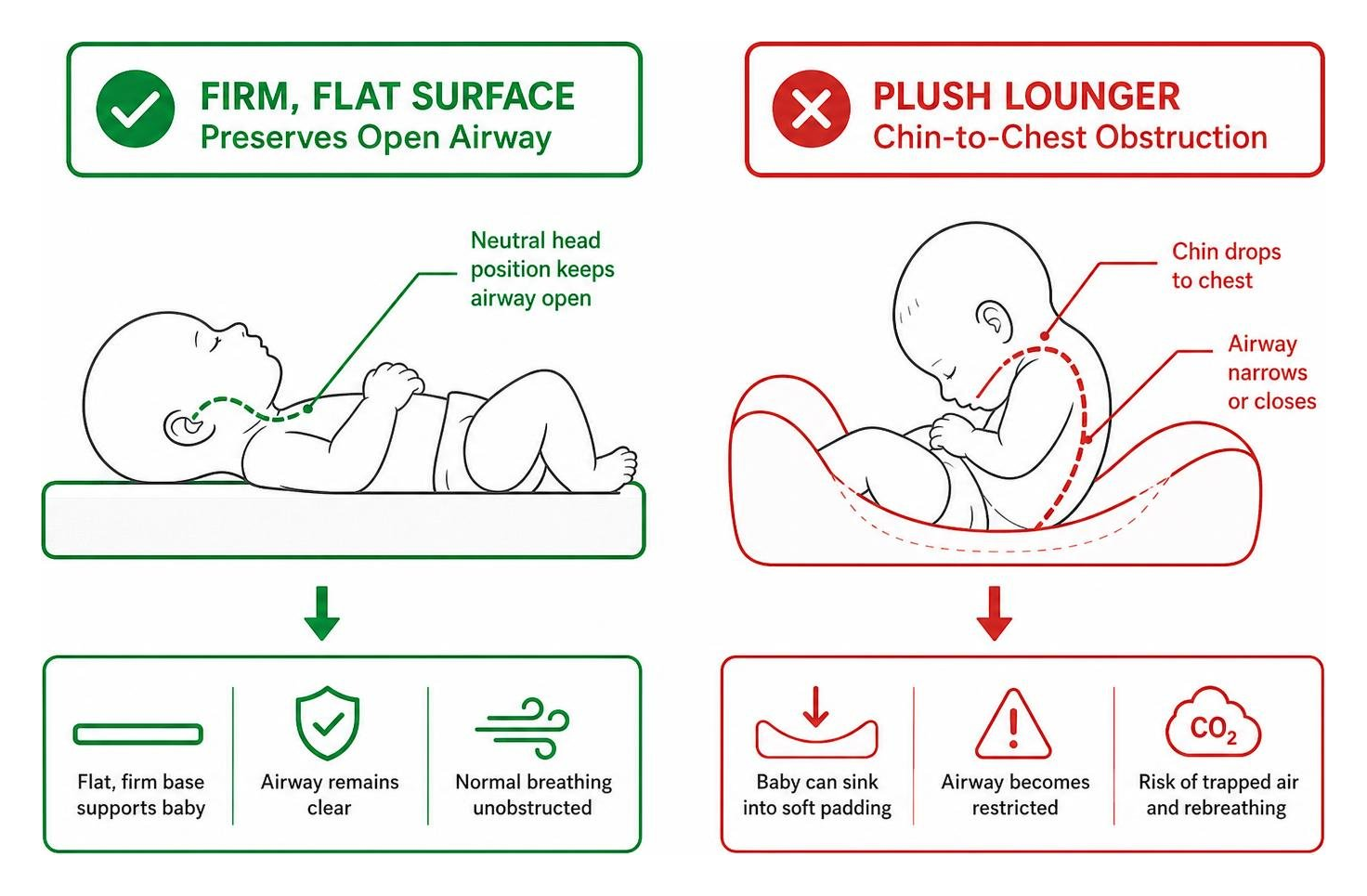 Diagram showing how firm flat surfaces preserve open airway versus chin to chest obstruction in plush lounger Diagram showing how firm flat surfaces preserve open airway versus chin to chest obstruction in plush lounger