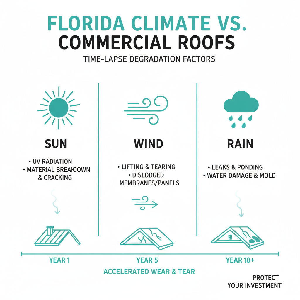 Infographic showing the effects of sun, wind, and rain on a commercial roof over time - roof inspection windermere infographic Infographic showing the effects of sun, wind, and rain on a commercial roof over time - roof inspection windermere infographic