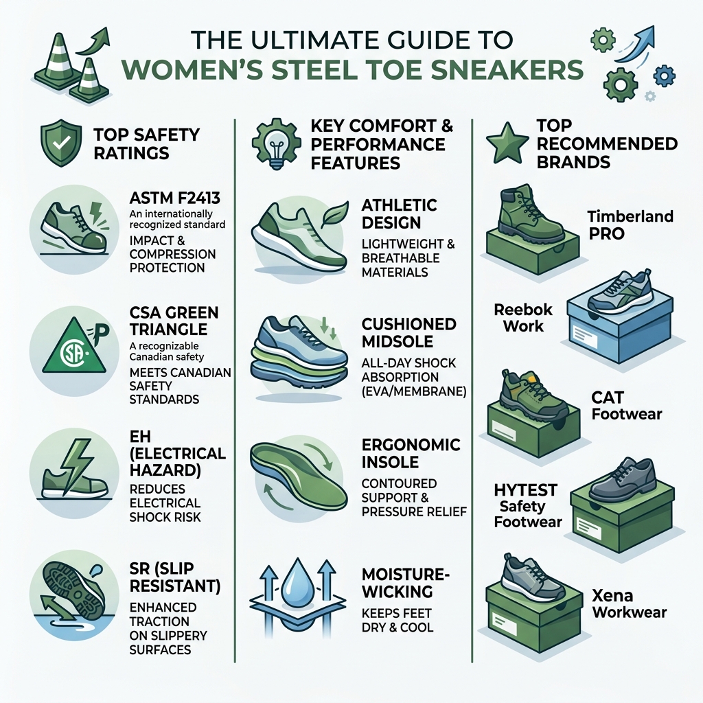 Infographic showing safety ratings, key features, and top brands for women's steel toe sneakers - women's steel toe sneakers Infographic showing safety ratings, key features, and top brands for women's steel toe sneakers - women's steel toe sneakers