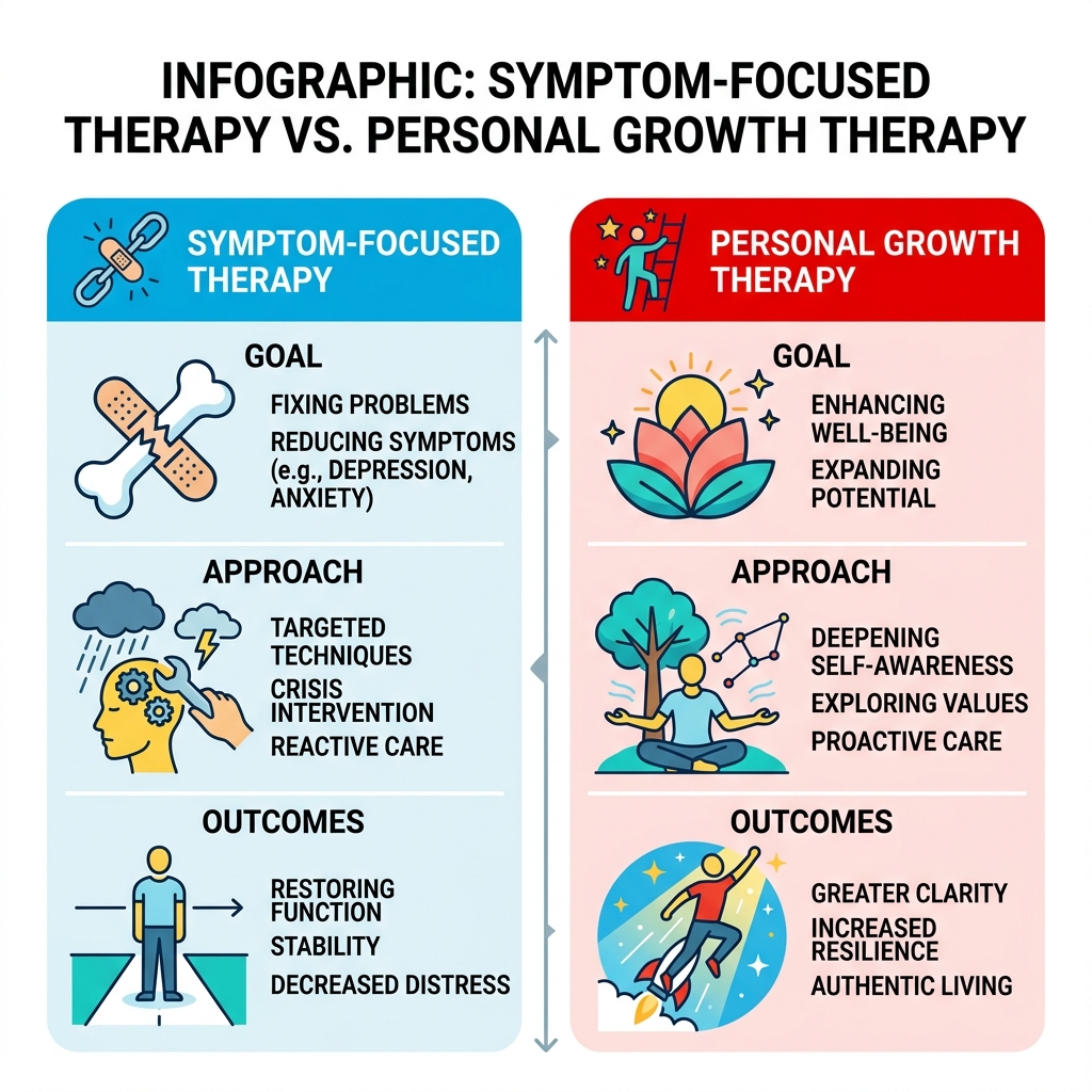 Infographic: Symptom-focused therapy vs. personal growth therapy — goals, approach, and outcomes compared - personal growth