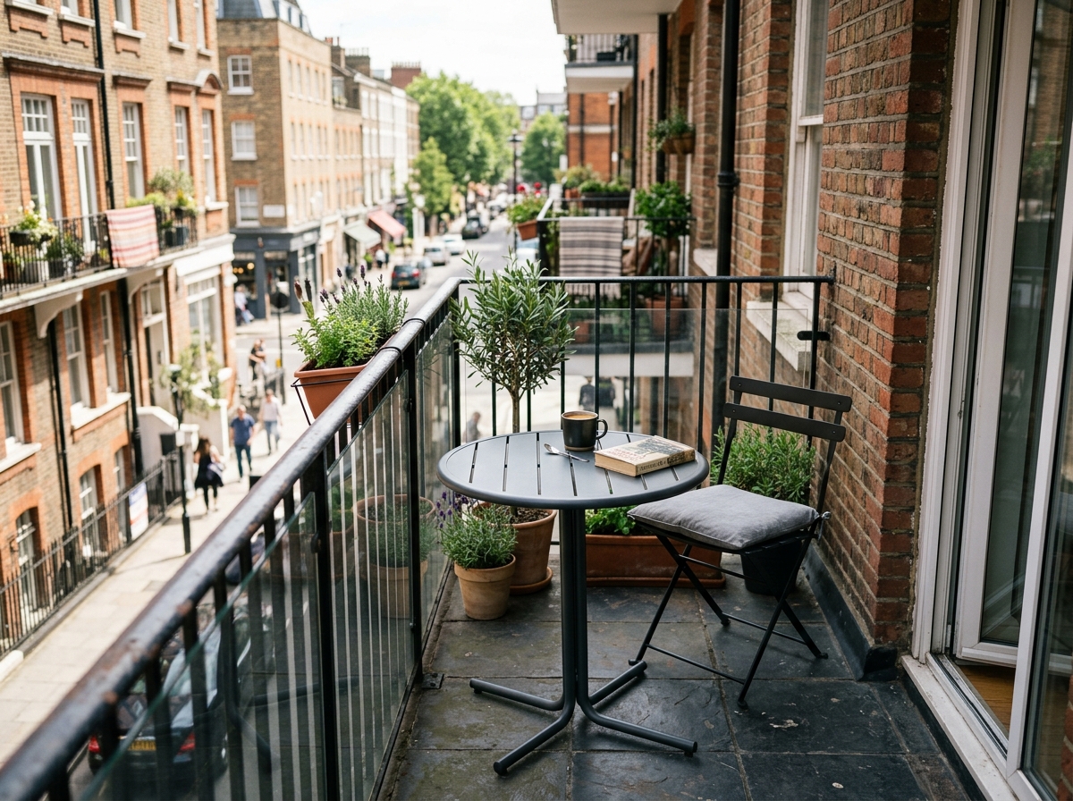 Sleek metal small balcony coffee table in a narrow urban space - small balcony coffee table
