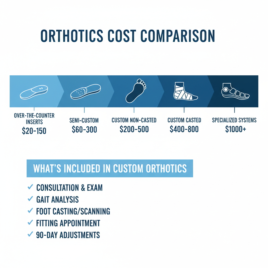 Infographic showing the cost comparison of different orthotic types: Over-the-counter orthotics $20-150, Semi-custom orthotics $60-300, Custom non-casted orthotics $200-500, Custom casted orthotics $400-800, and specialized systems $1000+. Also displays what is typically included in custom orthotics cost: consultation, examination, gait analysis, foot casting, lab fabrication, fitting, and 90-day adjustments. - custom orthotics cost infographic 