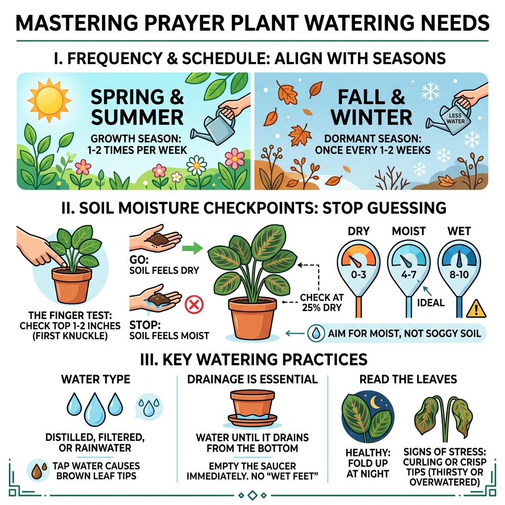Infographic showing prayer plant watering frequency, soil moisture checkpoints, and seasonal schedule - prayer plant Infographic showing prayer plant watering frequency, soil moisture checkpoints, and seasonal schedule - prayer plant