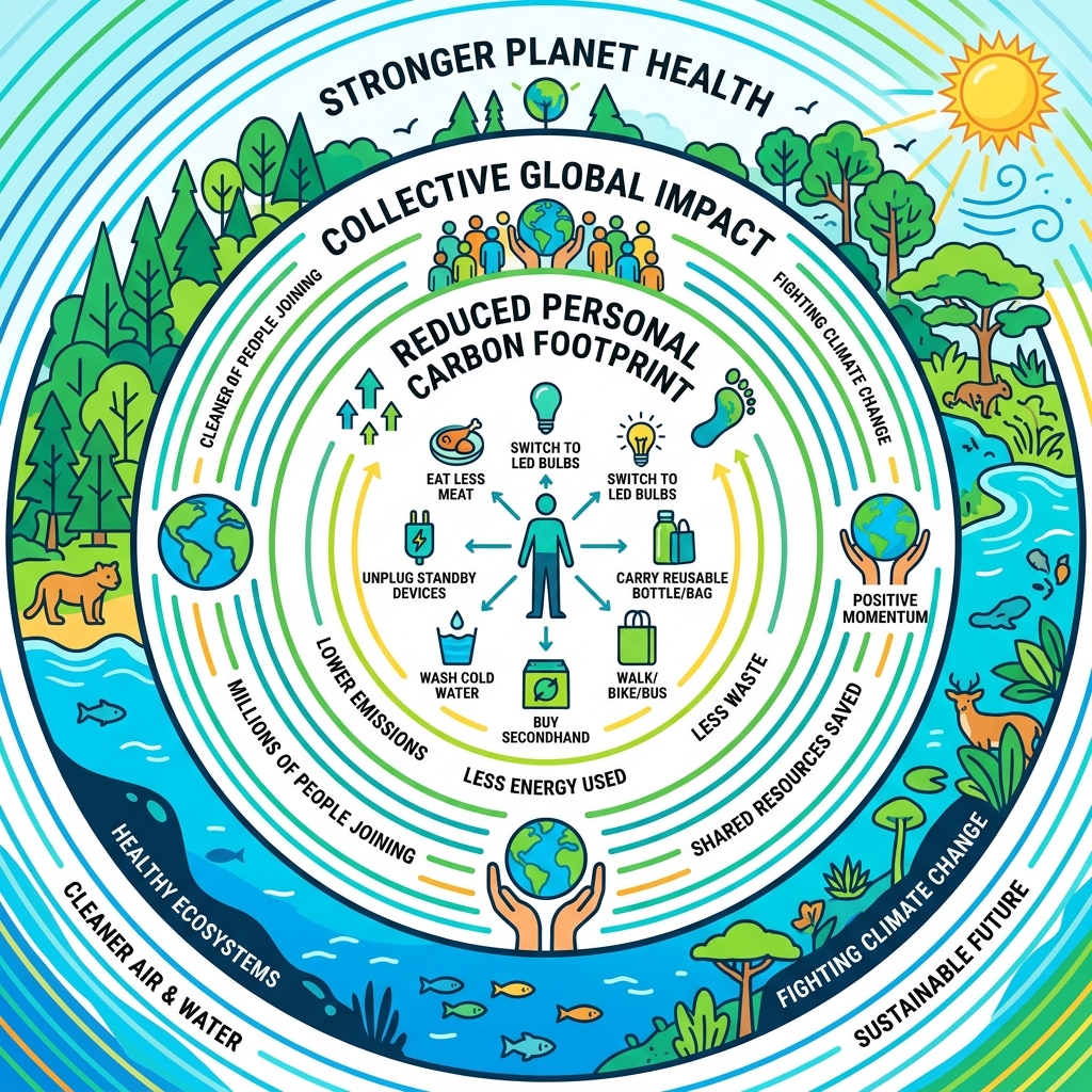 Infographic showing ripple effect of individual daily sustainable actions on carbon footprint and environment - sustainable
