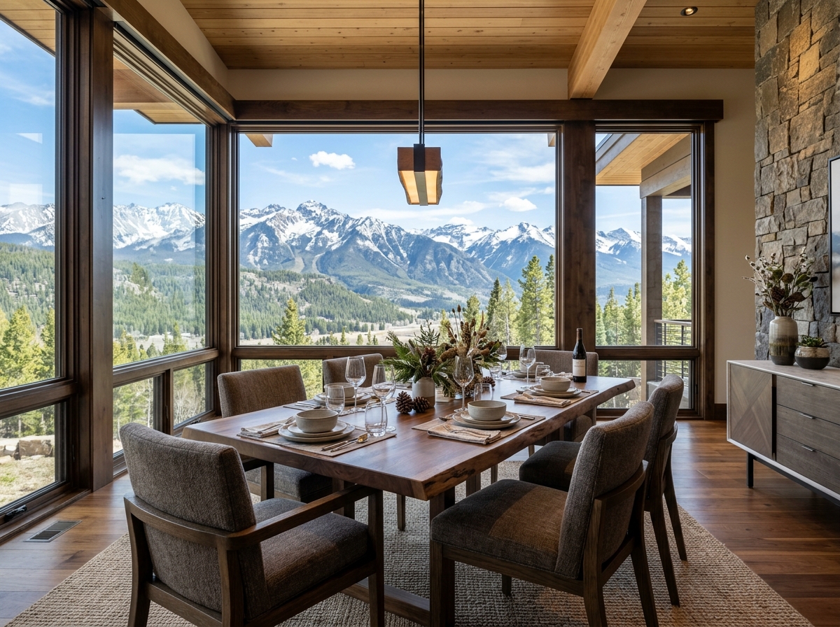 Bespoke dining set in a modern Colorado mountain home with floor-to-ceiling windows - High-end interior furnishings Bespoke dining set in a modern Colorado mountain home with floor-to-ceiling windows - High-end interior furnishings