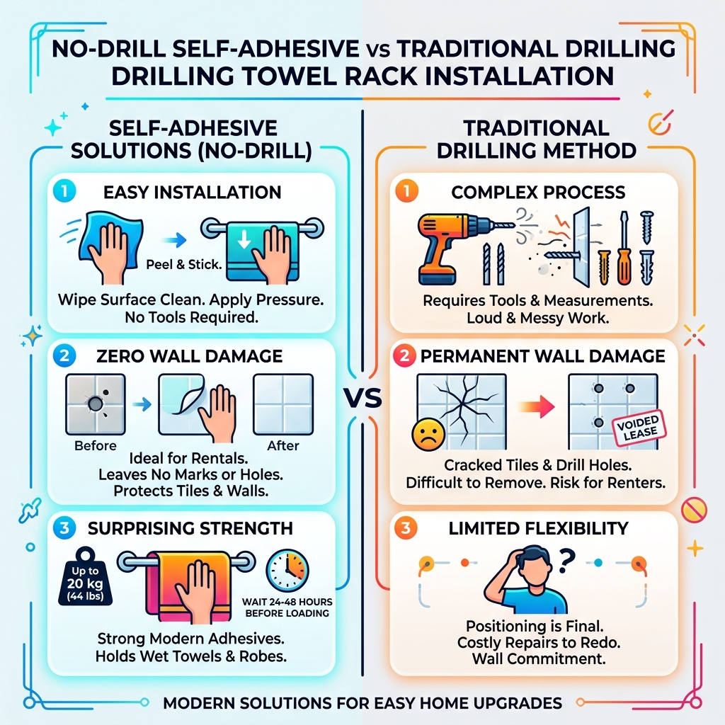 Benefits of no-drill self adhesive towel rack installation vs traditional drilling - self adhesive towel rack infographic Benefits of no-drill self adhesive towel rack installation vs traditional drilling - self adhesive towel rack infographic